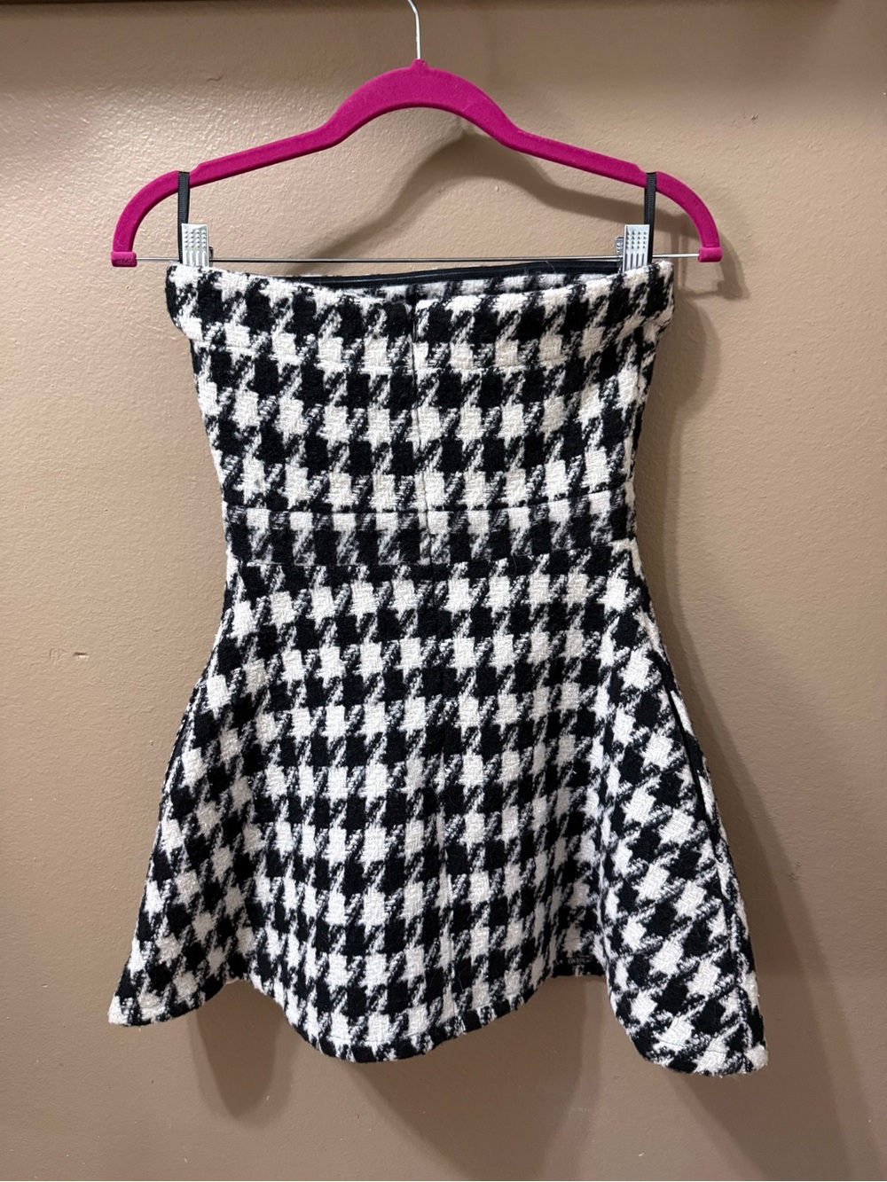 Wool-Blend Black & White Houndstooth Strapless Fit-and-Flare Dress with Pockets